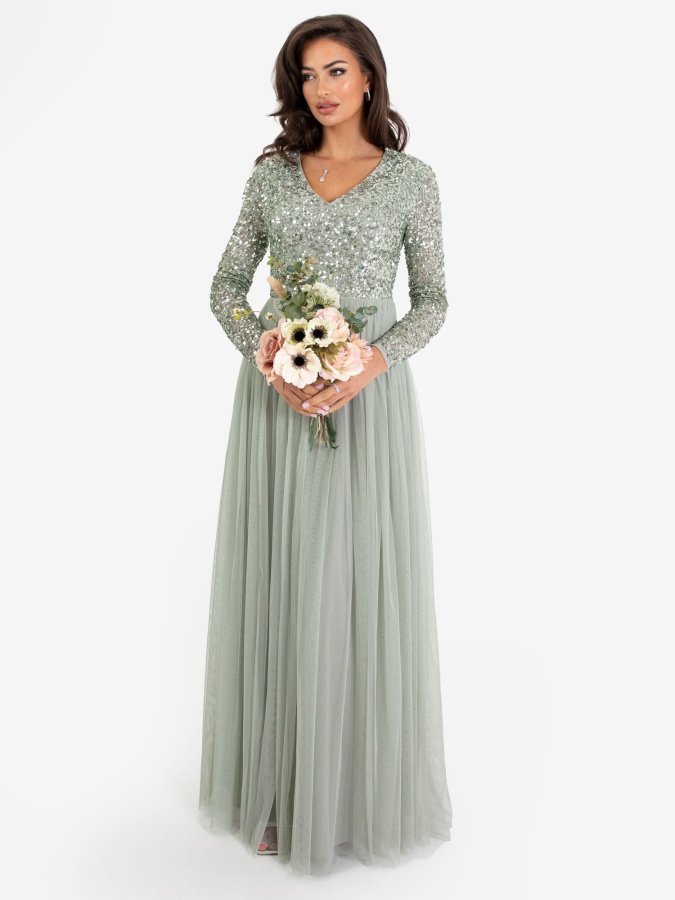 Maya Sage Green V Neck Embellished Long Sleeve Maxi Dress