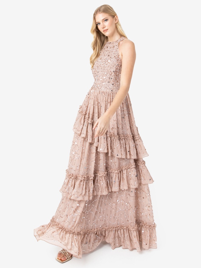 Maya Taupe Blush Fully Embellished Halter Neck Maxi Dress