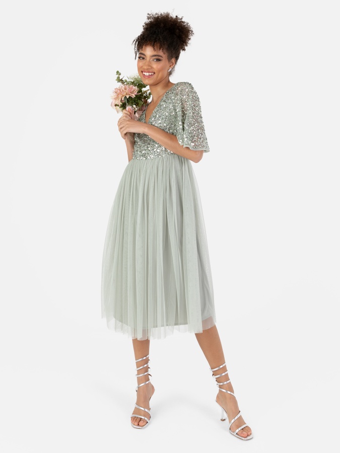 Maya Sage Green Short Flutter Sleeve Embellished Midi Dress