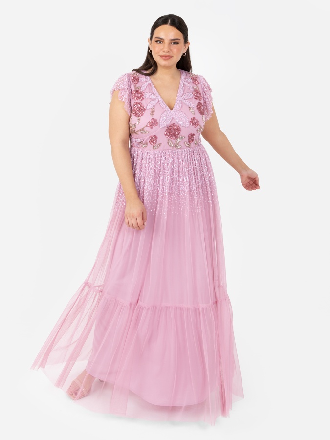 Maya Pink Rose Embellished Flutter Sleeve Maxi Dress