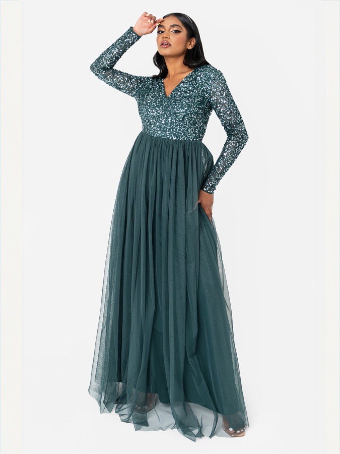 Maya Emerald Green V Neck Embellished Long Sleeve Maxi Dress