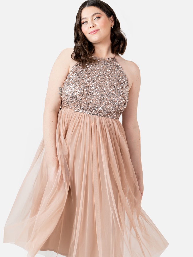 Maya Taupe Blush Embellished Halter Neck Midi Dress