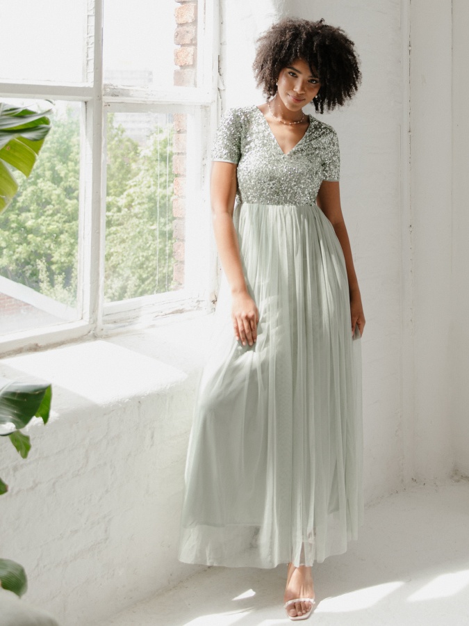 Maya Sage Green V Neckline Embellished Maxi Dress