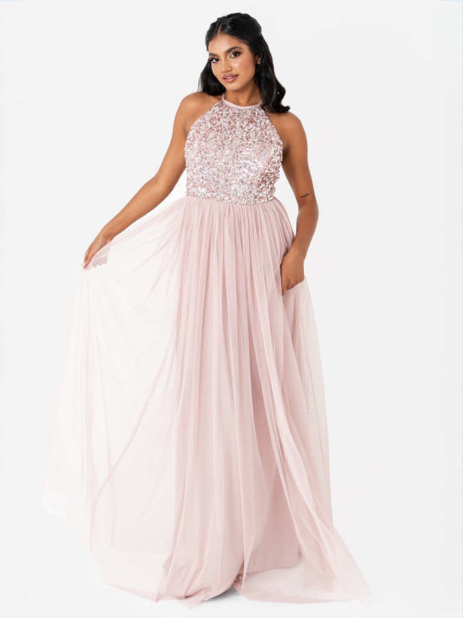 Maya Frosted Pink Embellished Halter Neck Maxi Dress