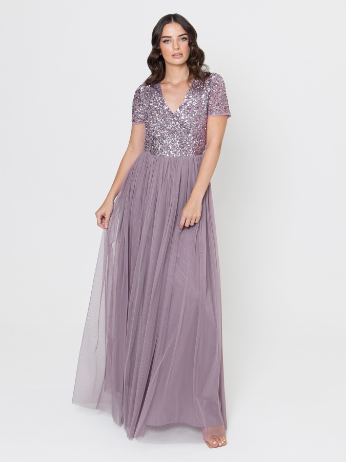 Maya Moody Lilac Short Sleeve V Neckline Embellished Maxi Dress