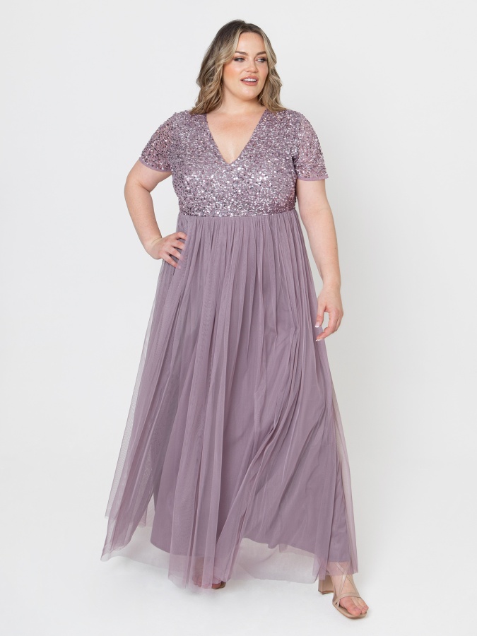 Maya Moody Lilac Short Sleeve V Neckline Embellished Maxi Dress