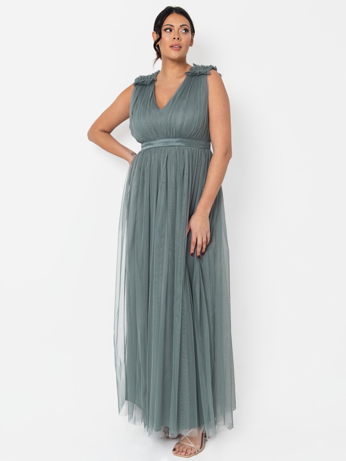 Maya Misty Green Maxi Dress with Ruffle Shoulder Detail