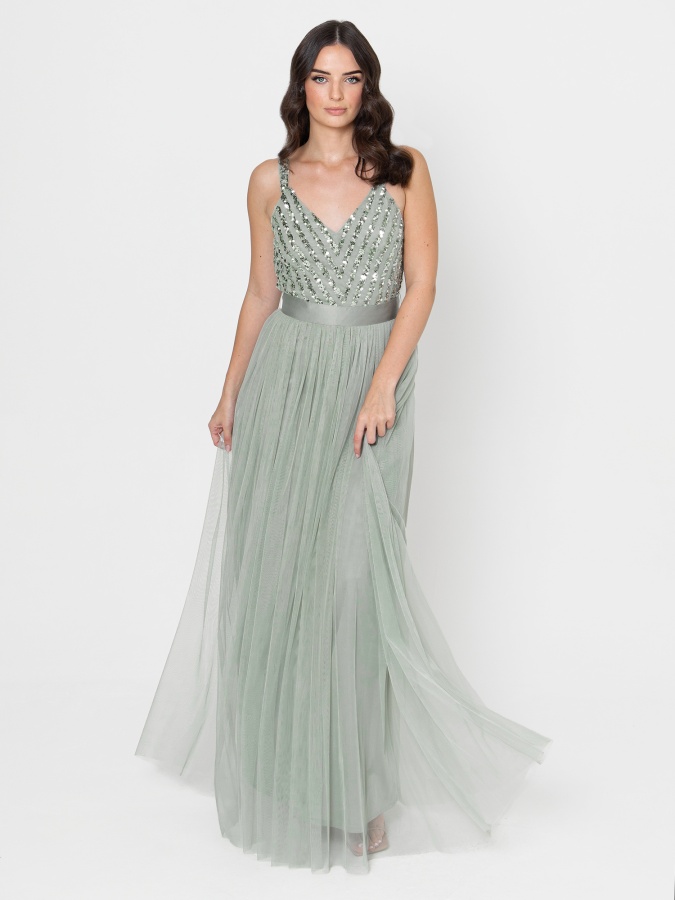 Maya Sage Green Sleeveless Stripe Embellished Maxi Dress