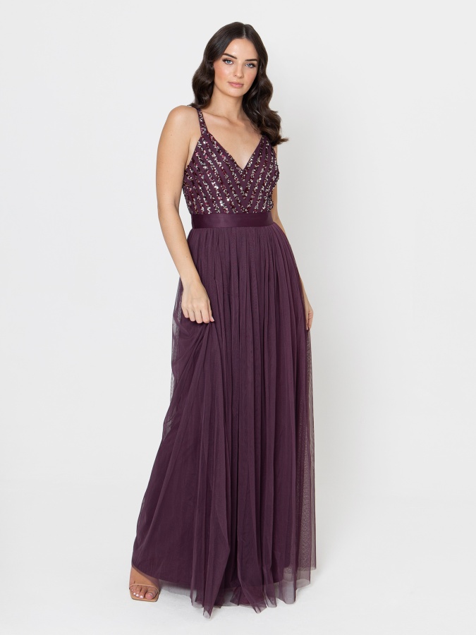 Maya Berry Sleeveless Stripe Embellished Maxi Dress