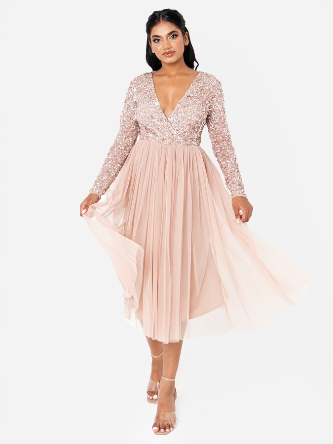 Maya Taupe Blush Faux Wrap Front Embellished Midi Dress