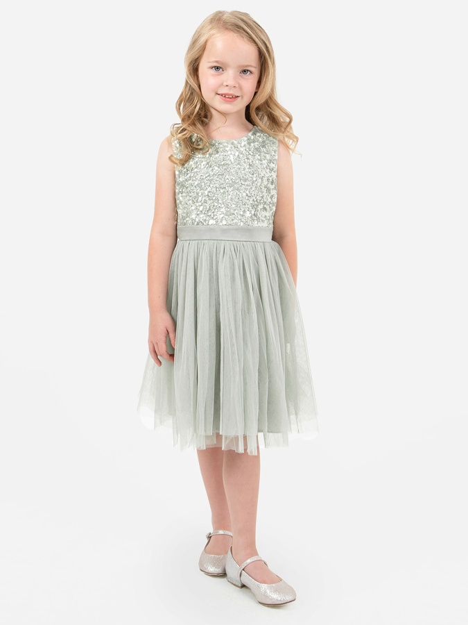 Mini Maya Sage Green Delicate Sequin Midi Dress with Bow