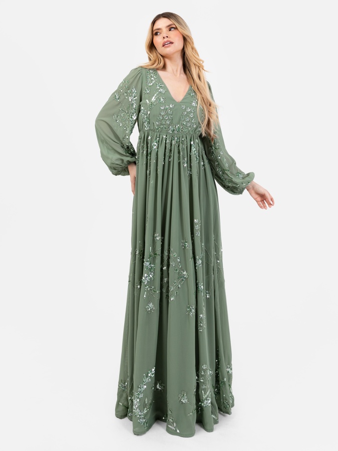 Maya Dark Sage Embellished Long Sleeve Chiffon Maxi Dress