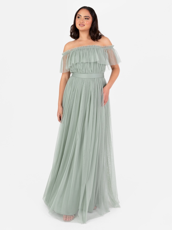 Anaya With Love Recycled Frosty Green Bardot Maxi Dress with Sash Belt