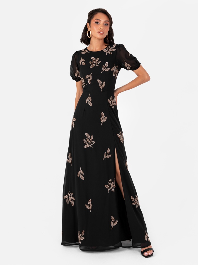 Maya Black Embellished Short Sleeve Maxi Dress with Open Back