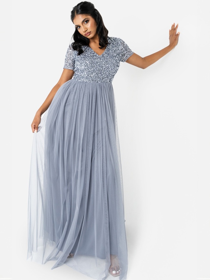 Maya Dusty Blue V Neckline Embellished Maxi Dress