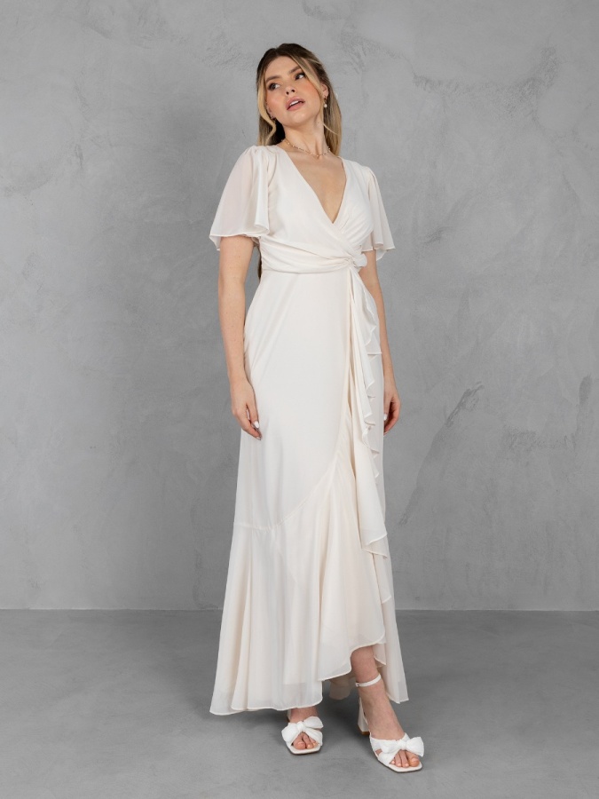 Anaya With Love Recycled Ivory Faux Wrap Ruffle Maxi Dress