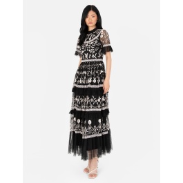 Maya Black Embroidered Tiered Midi Dress with Frill Detail