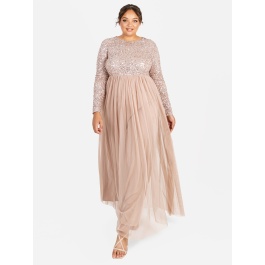 Maya bridesmaid long sleeve maxi tulle dress hotsell with tonal delicate sequins in taupe blush