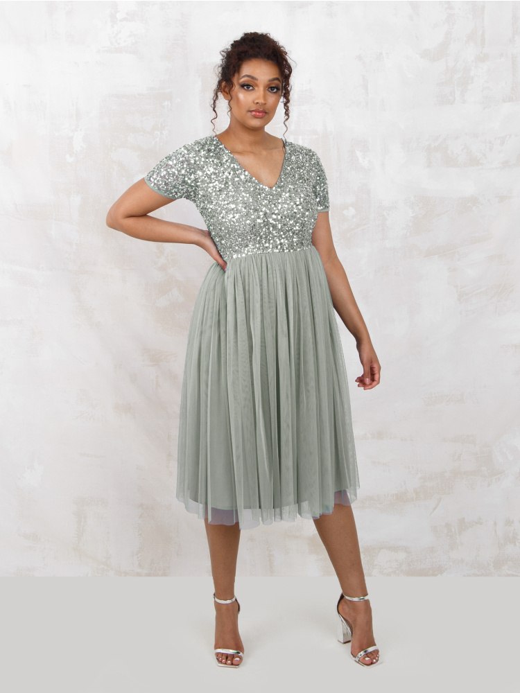 Maya Sage Green V Neckline Embellished Midi Dress