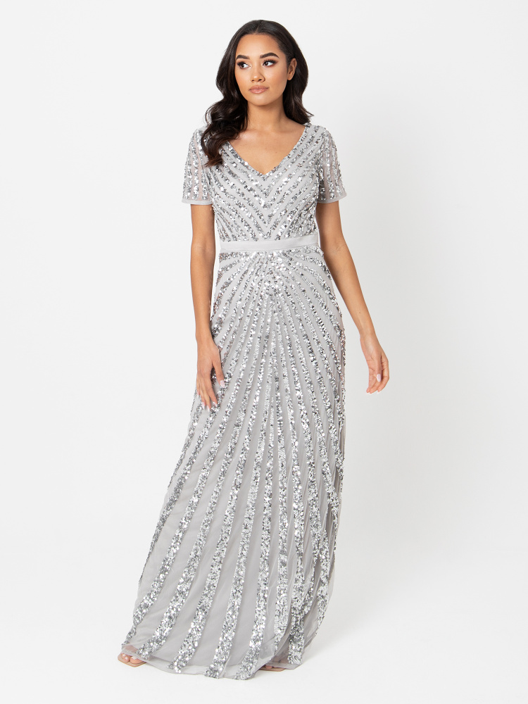 Maya Soft Grey Short Sleeve Stripe Embellished Maxi Dress 