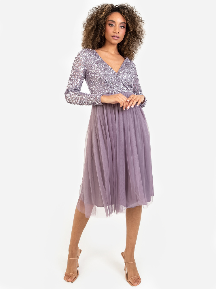 Maya Moody Lilac Faux Wrap Front Embellished Midi Dress