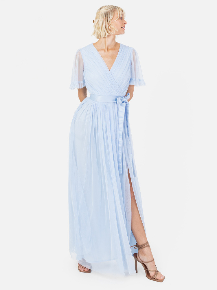 Anaya With Love Recycled Light Blue Faux Wrap Maxi Dress with Sash Belt 