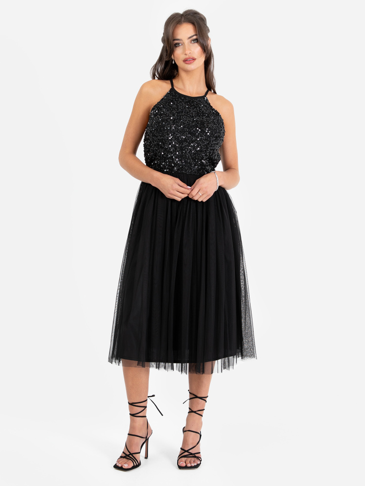 Maya Black Embellished Halter Neck Midi Dress