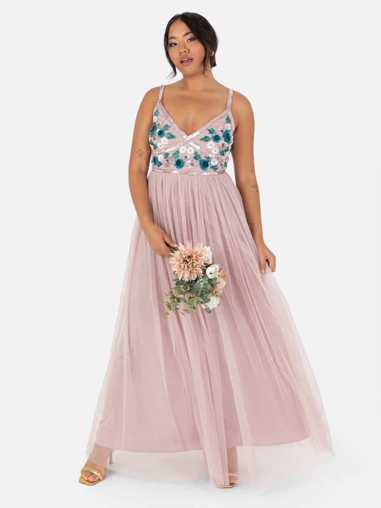 Onion Pink Floral Embellished Tiered Gown