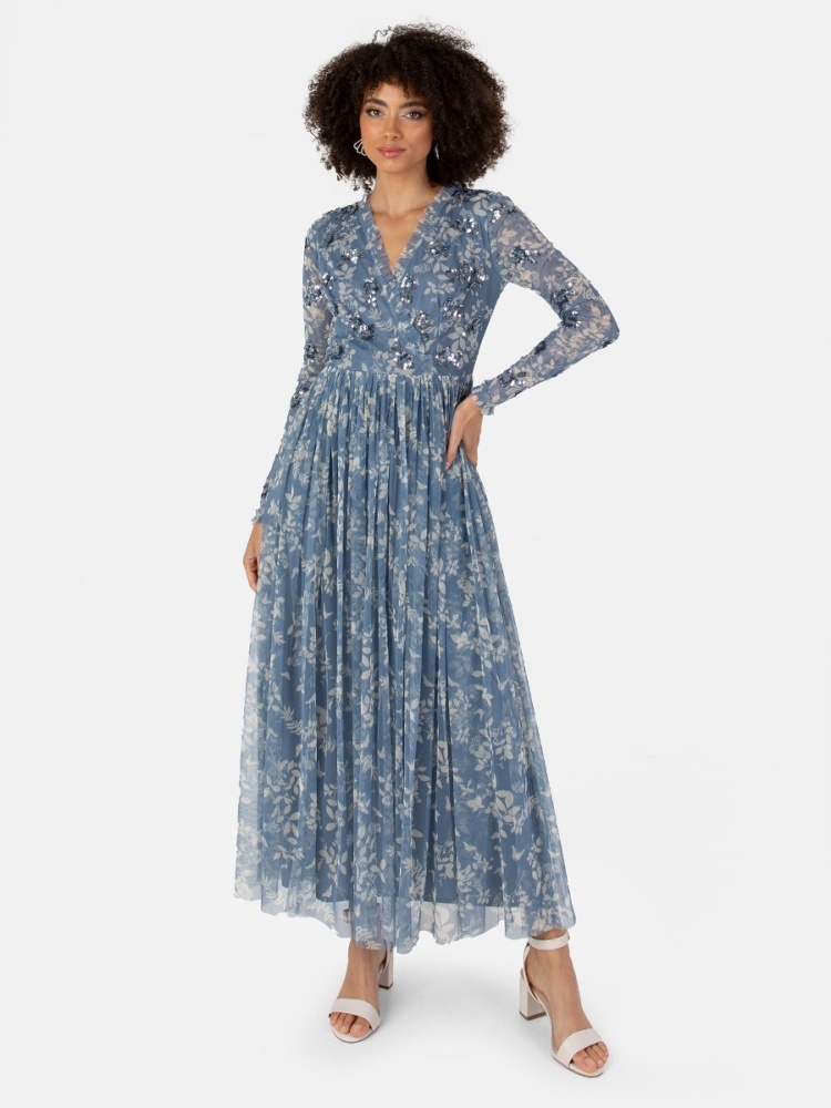 Anaya with Love Recycled Blue Floral Faux Wrap Embellished Midaxi Dress