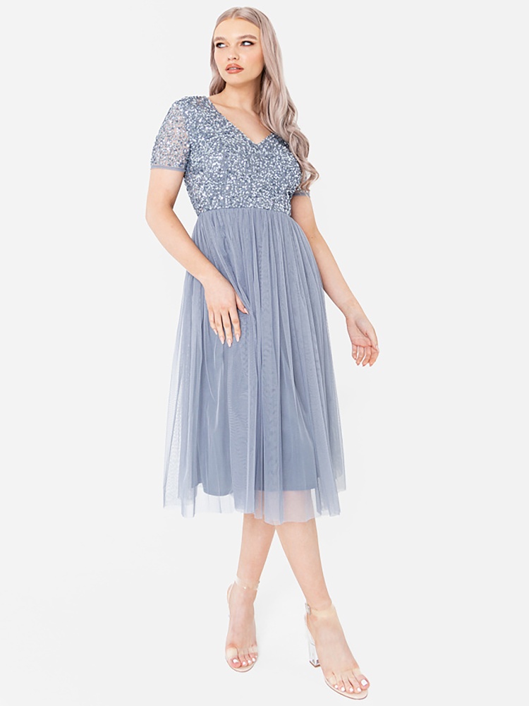 Maya Dusty Blue V Neckline Embellished Midi Dress