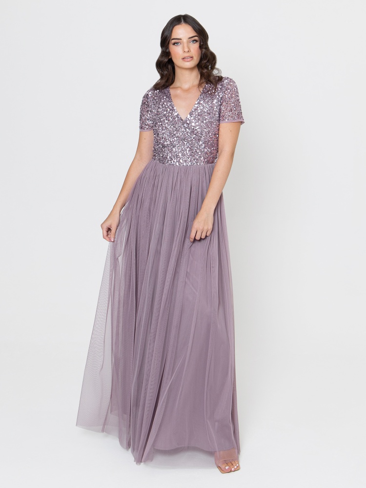  Maya Moody Lilac Short Sleeve V Neckline Embellished Maxi Dress 