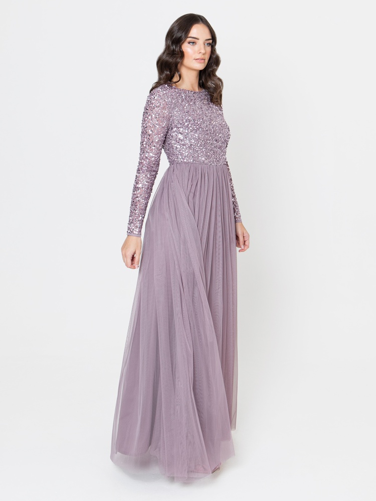 Maya Moody Lilac Embellished Long Sleeve Maxi Dress