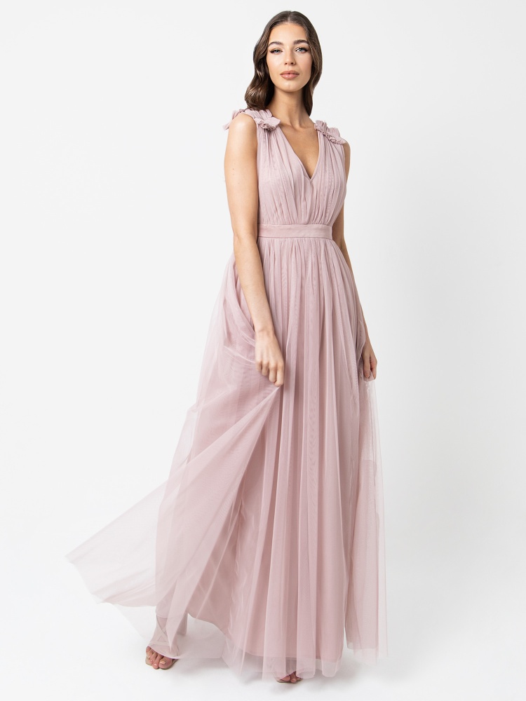 Maya Frosted Pink Maxi Dress With Ruffle Shoulder Detail 