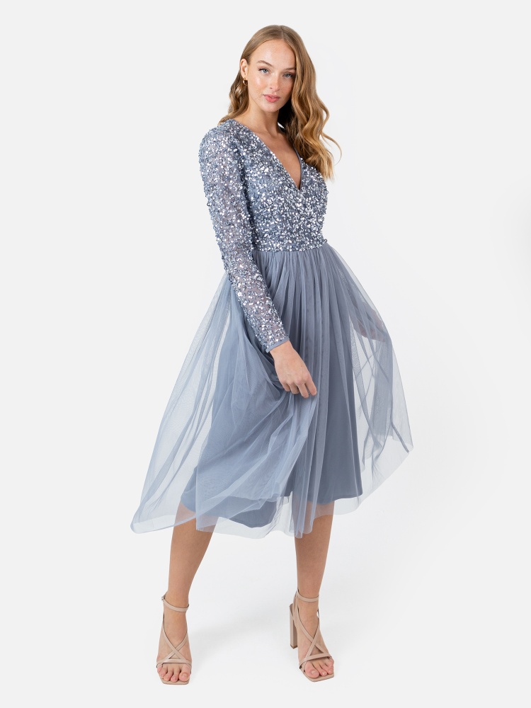 Maya Dusty Blue Faux Wrap Embellished Long Sleeve Midi Dress