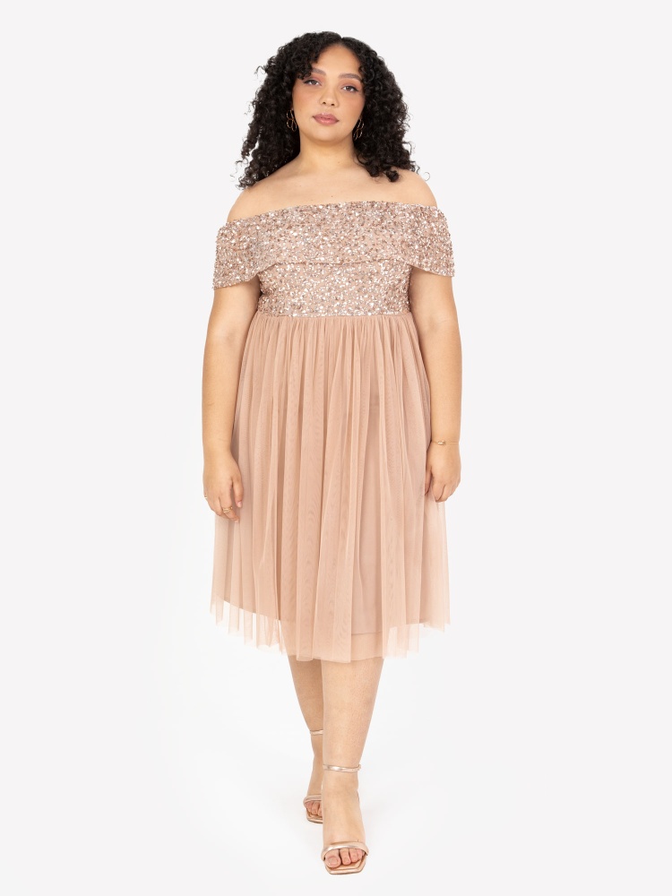 Maya Taupe Blush Bardot Embellished Midi Dress