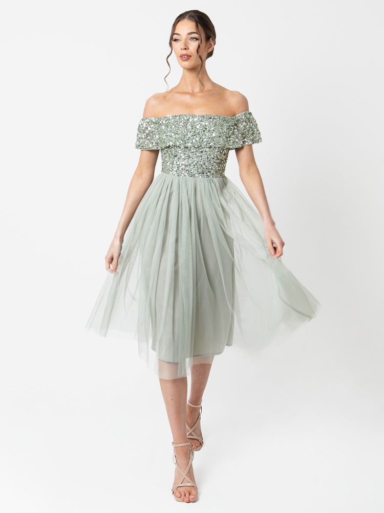 Maya Green Lily Bardot Embellished Midi Dress