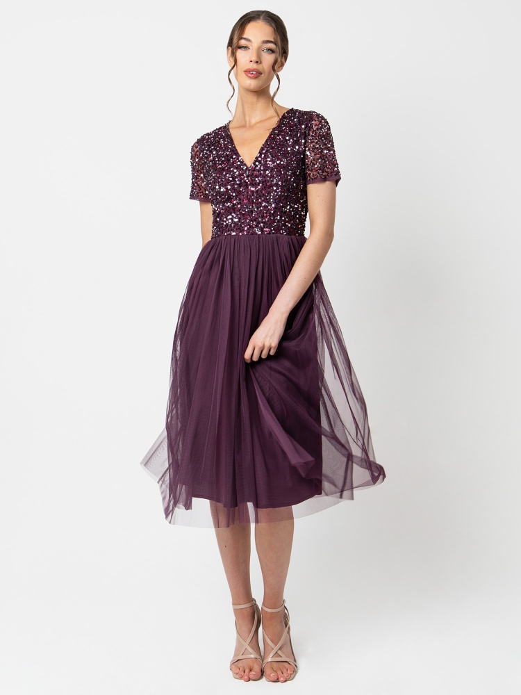 Maya Berry V Neckline Embellished Midi Dress