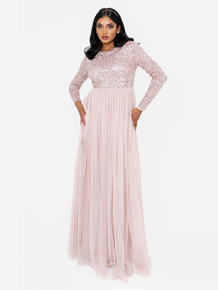Maya Frosted Pink Embellished Long Sleeve Maxi Dress