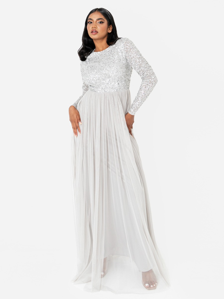 Maya Soft Grey Embellished Long Sleeve Maxi Dress