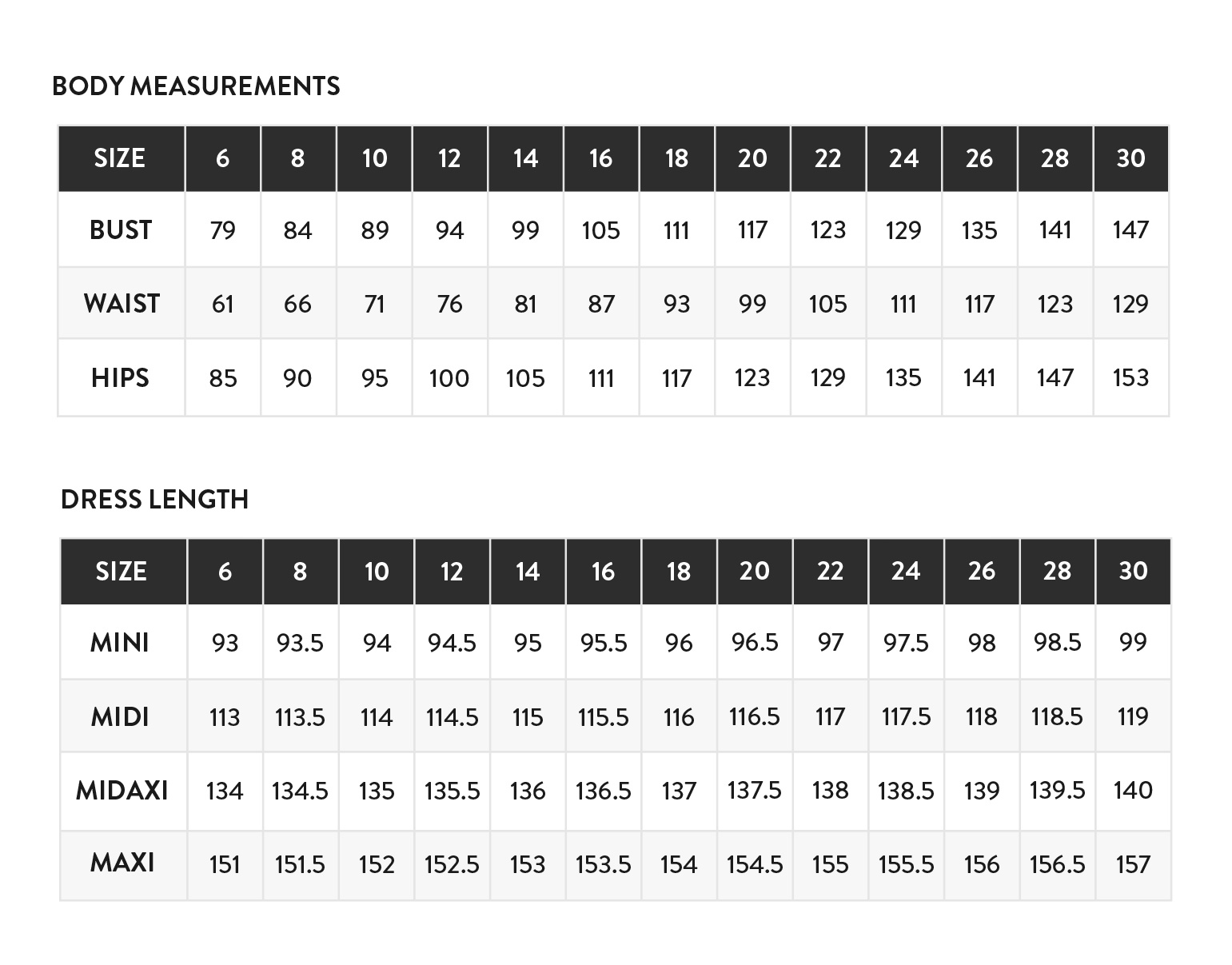 Adult Size Chart Centimetres