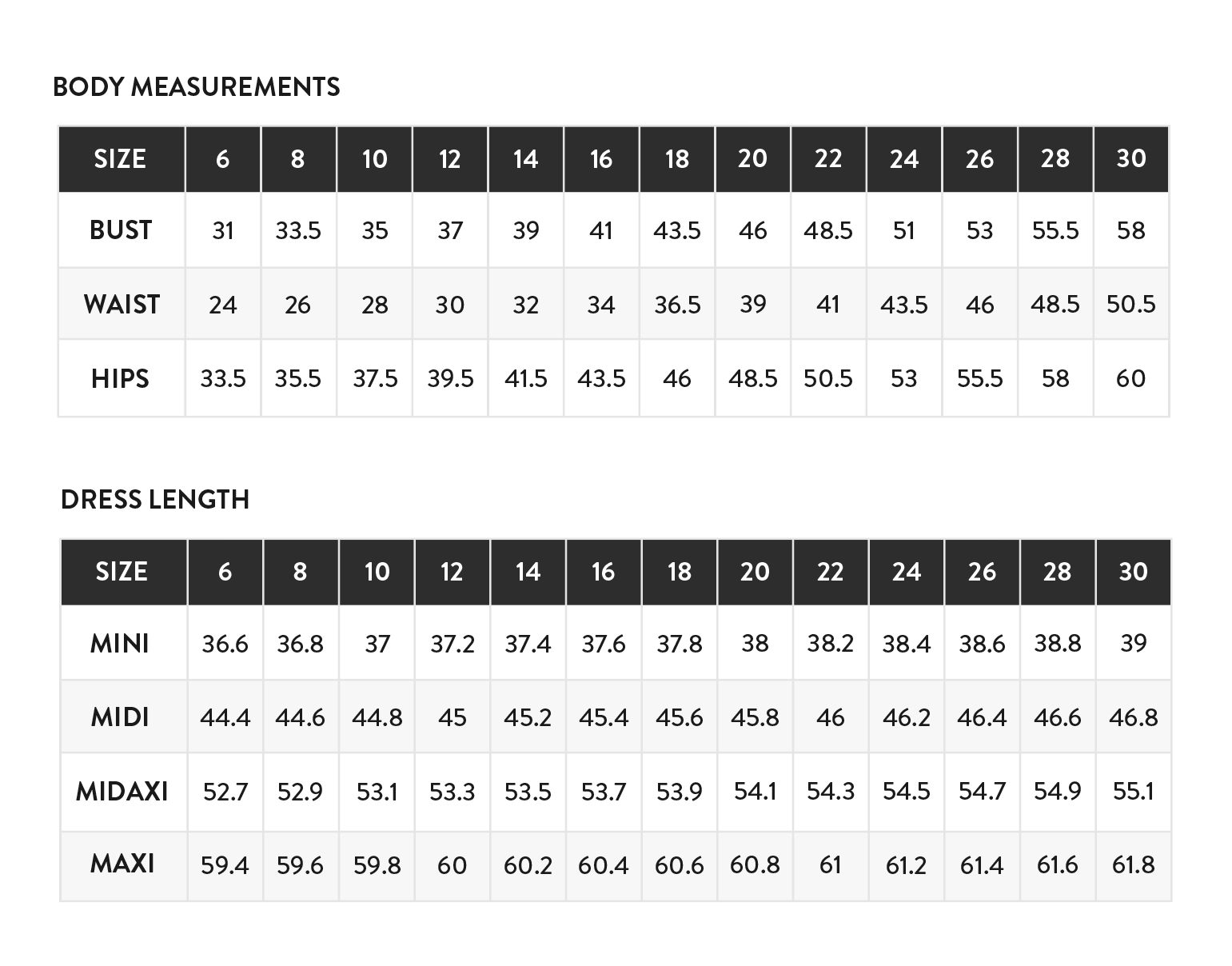 Adult Size Chart Inches